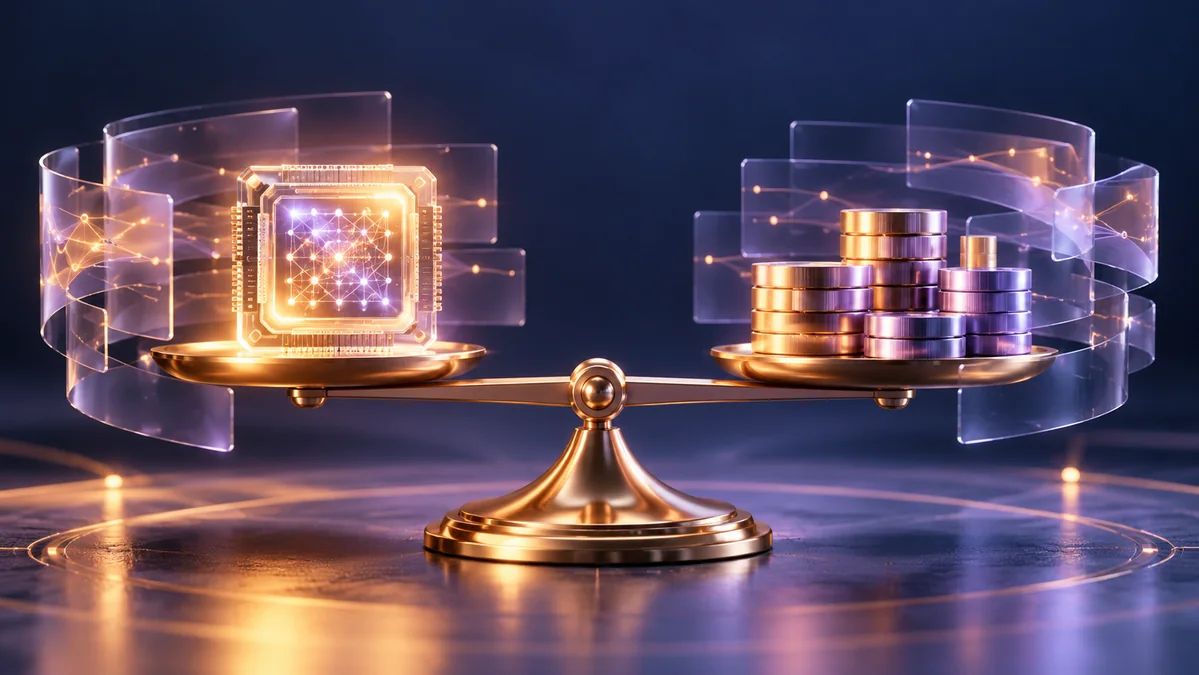 A refined balance beam weighing a luminous neural processor against stacks of polished metallic tokens, surrounded by restrained glass data layers.