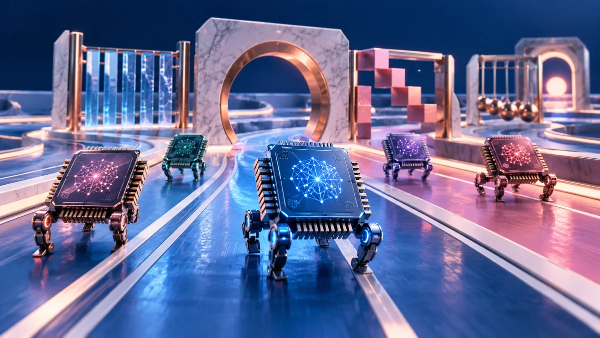 Several distinctive neural processors arranged on a precise testing track with sculptural checkpoints, an original evaluation-laboratory metaphor without charts or rankings.