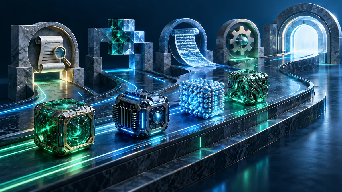 Several distinctive neural processors arranged on a precise testing track with sculptural checkpoints, an original evaluation-laboratory metaphor without charts or rankings.