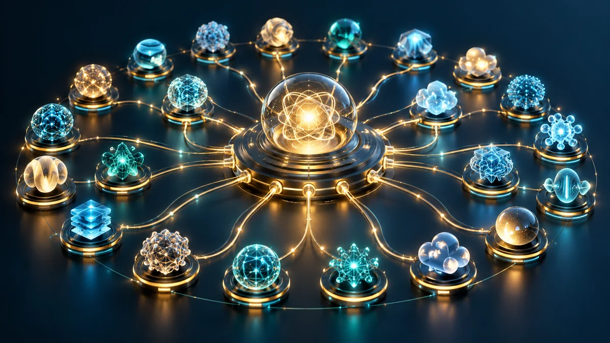 A precisely organized constellation of different luminous AI cores connected through a central hub, an elegant catalog and routing metaphor.