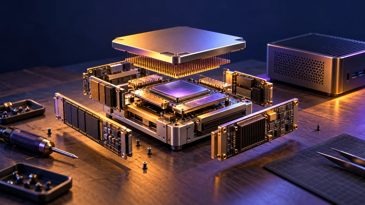 An open modular AI processor with clearly separated accessible components, on a tactile workbench with a small local computer silhouette.