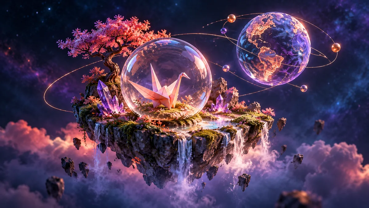 An imaginative miniature floating island containing a small origami crane inside a glass sphere, with an elegant procedural globe orbiting nearby.