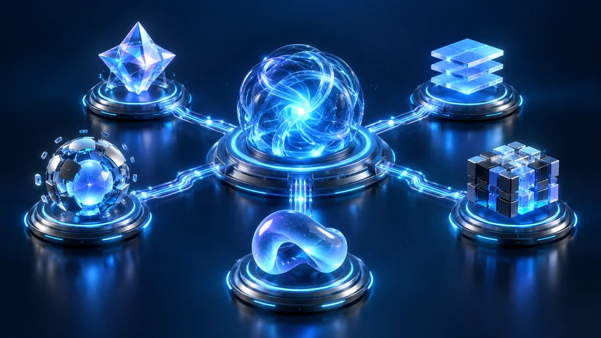 A precisely organized constellation of different luminous AI cores connected through a central hub, an elegant catalog and routing metaphor.