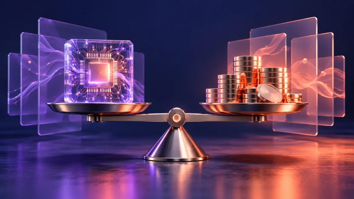 A refined balance beam weighing a luminous neural processor against stacks of polished metallic tokens, surrounded by restrained glass data layers.