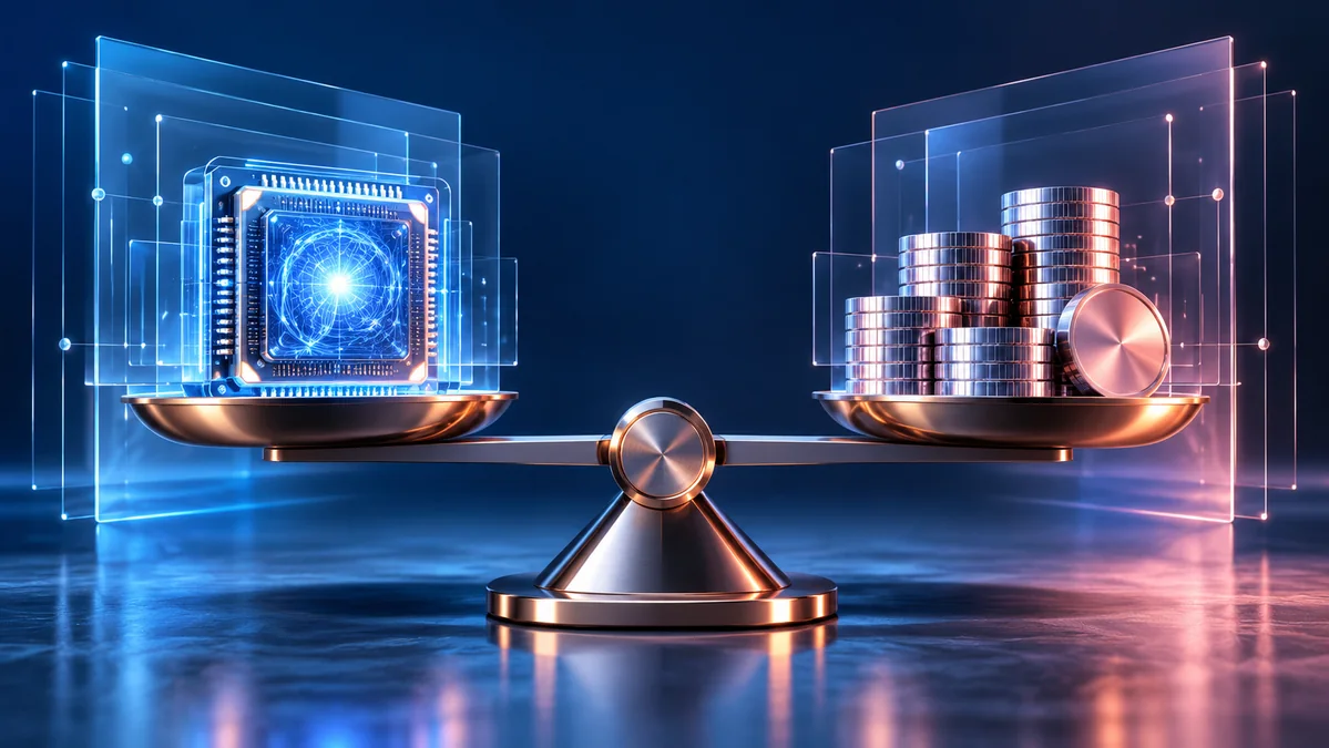 A refined balance beam weighing a luminous neural processor against stacks of polished metallic tokens, surrounded by restrained glass data layers.