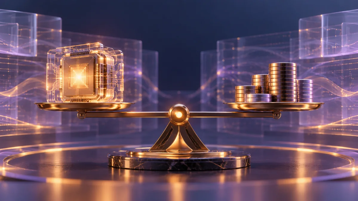 A refined balance beam weighing a luminous neural processor against stacks of polished metallic tokens, surrounded by restrained glass data layers.