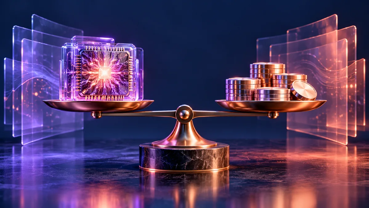 A refined balance beam weighing a luminous neural processor against stacks of polished metallic tokens, surrounded by restrained glass data layers.