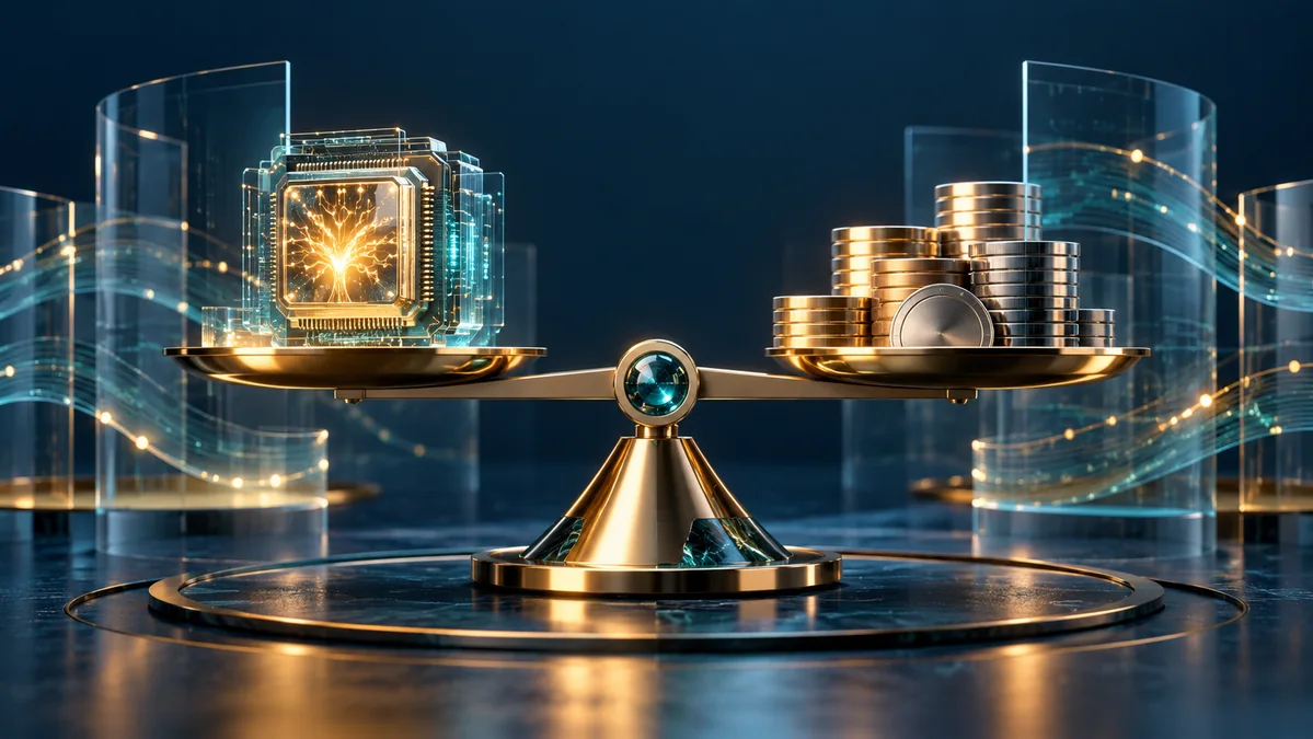 A refined balance beam weighing a luminous neural processor against stacks of polished metallic tokens, surrounded by restrained glass data layers.
