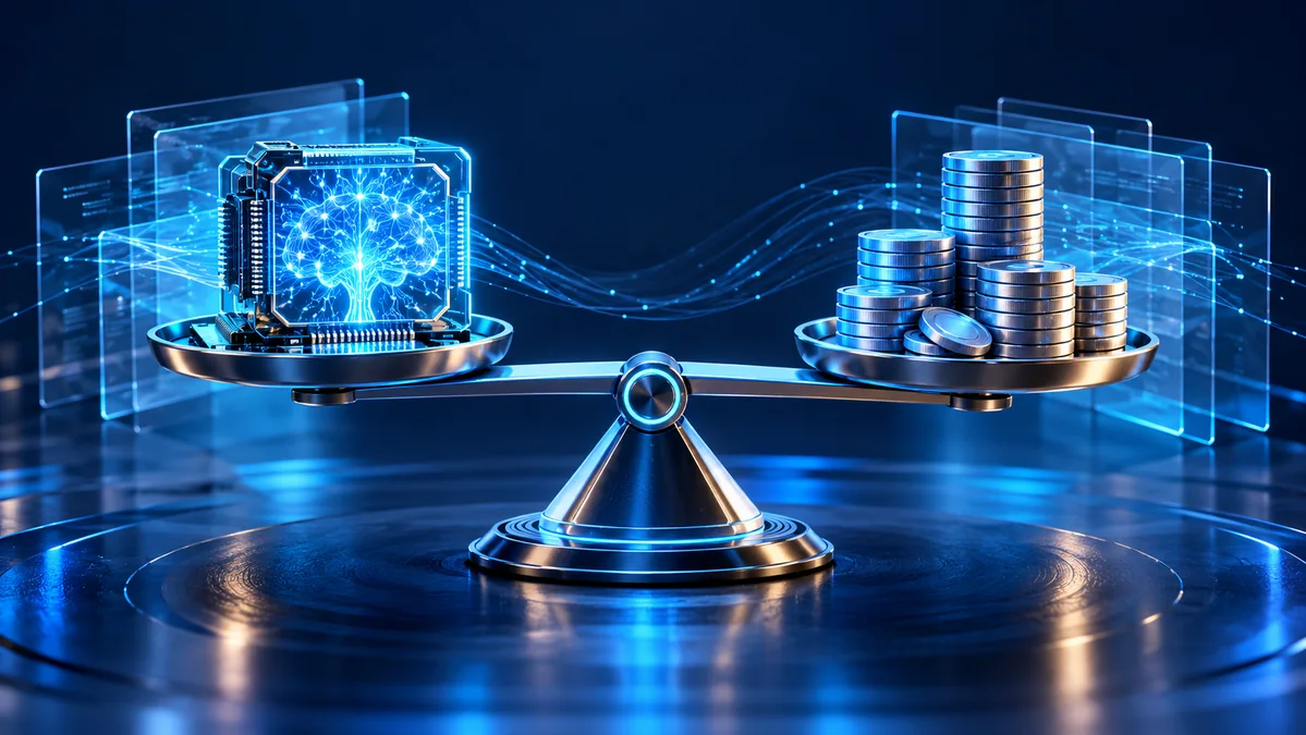 A refined balance beam weighing a luminous neural processor against stacks of polished metallic tokens, surrounded by restrained glass data layers.
