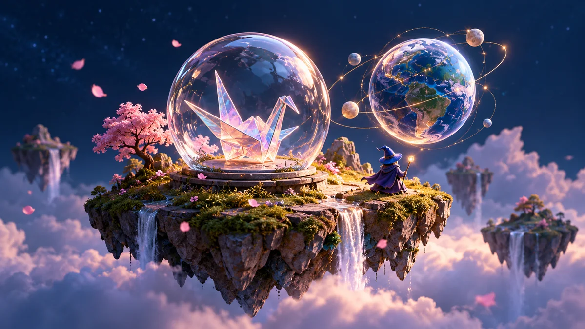 An imaginative miniature floating island containing a small origami crane inside a glass sphere, with an elegant procedural globe orbiting nearby.