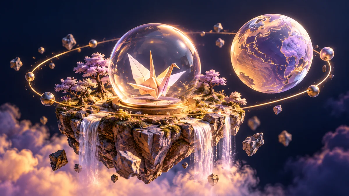 An imaginative miniature floating island containing a small origami crane inside a glass sphere, with an elegant procedural globe orbiting nearby.