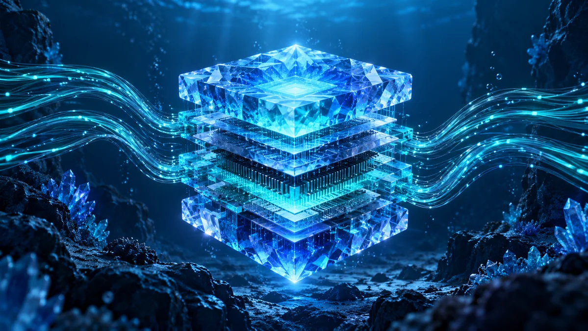 A deep ocean-blue crystalline neural core with intricate compressed layers and flowing teal connections.
