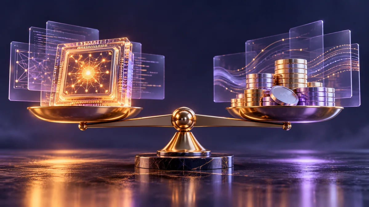 A refined balance beam weighing a luminous neural processor against stacks of polished metallic tokens, surrounded by restrained glass data layers.