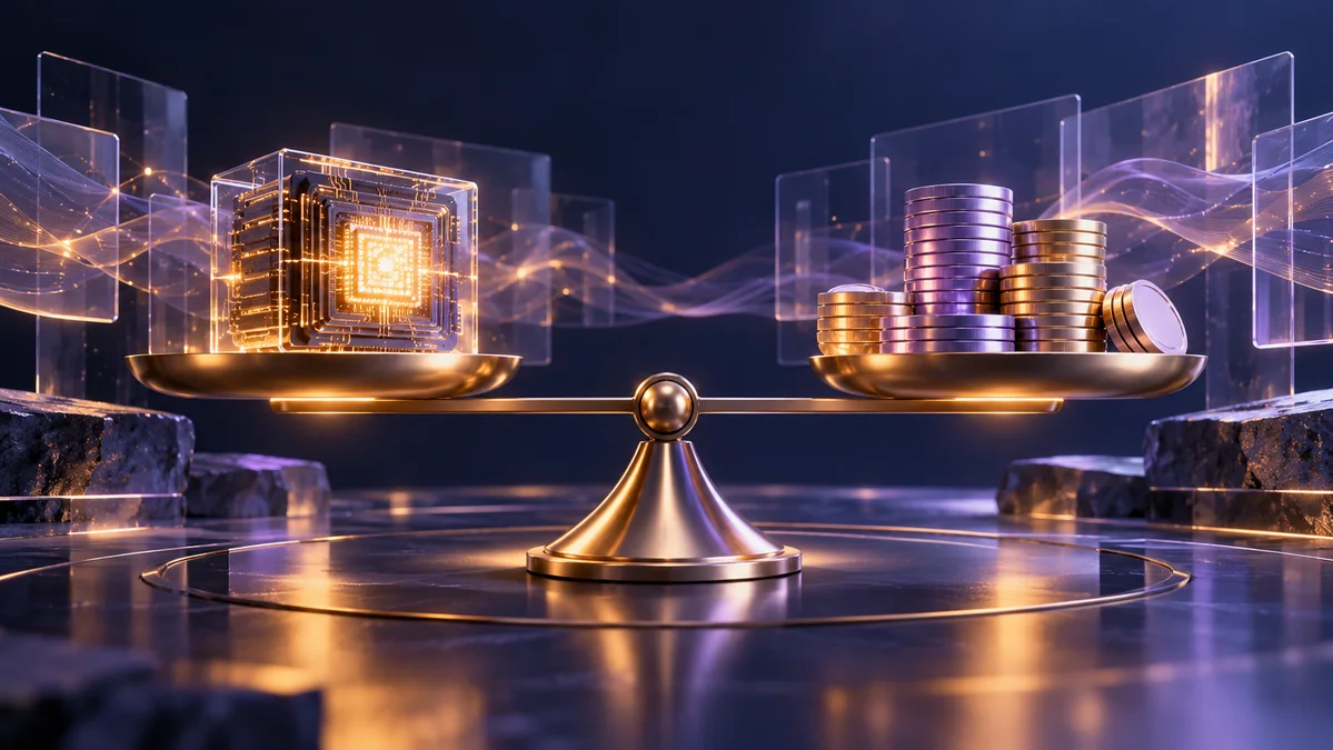 A refined balance beam weighing a luminous neural processor against stacks of polished metallic tokens, surrounded by restrained glass data layers.
