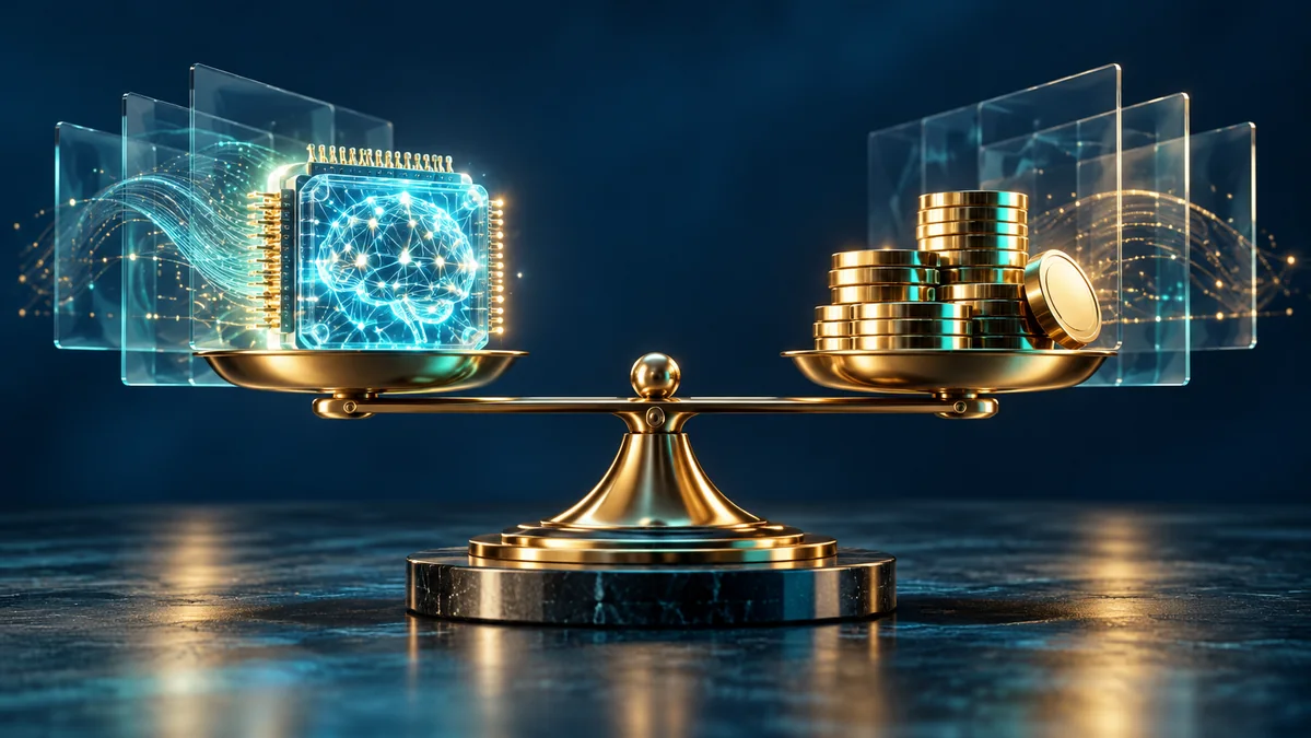 A refined balance beam weighing a luminous neural processor against stacks of polished metallic tokens, surrounded by restrained glass data layers.