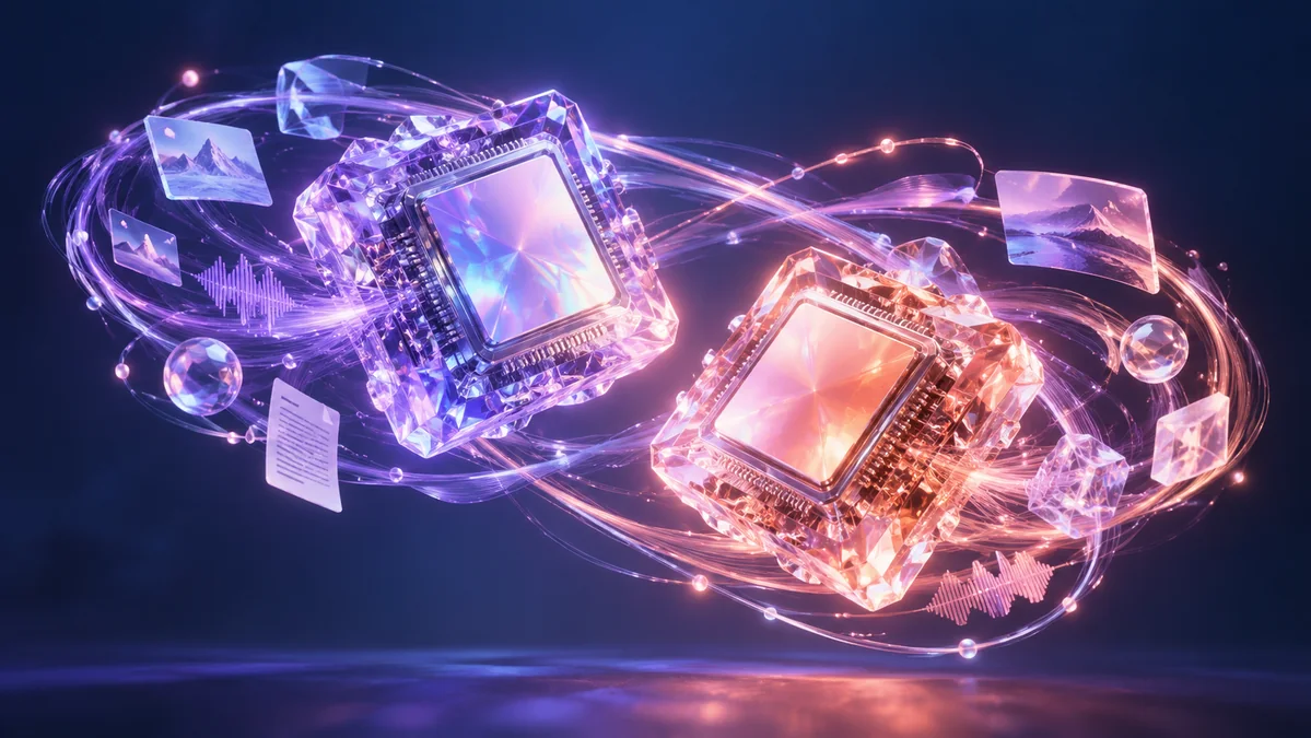 Two complementary iridescent crystalline processors floating in a balanced orbit, with luminous multimodal filaments.