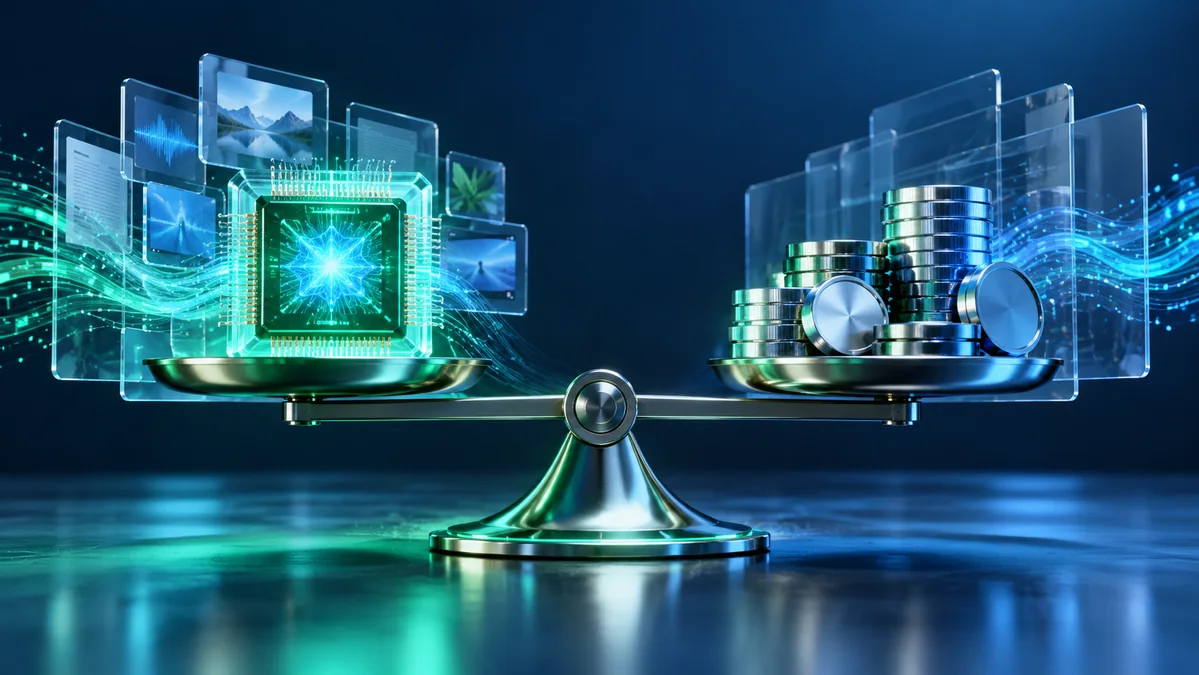 A refined balance beam weighing a luminous neural processor against stacks of polished metallic tokens, surrounded by restrained glass data layers.