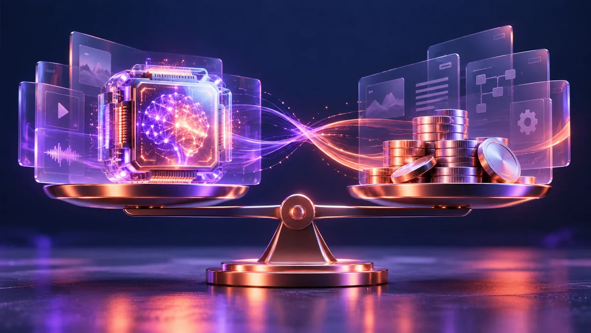A refined balance beam weighing a luminous neural processor against stacks of polished metallic tokens, surrounded by restrained glass data layers.