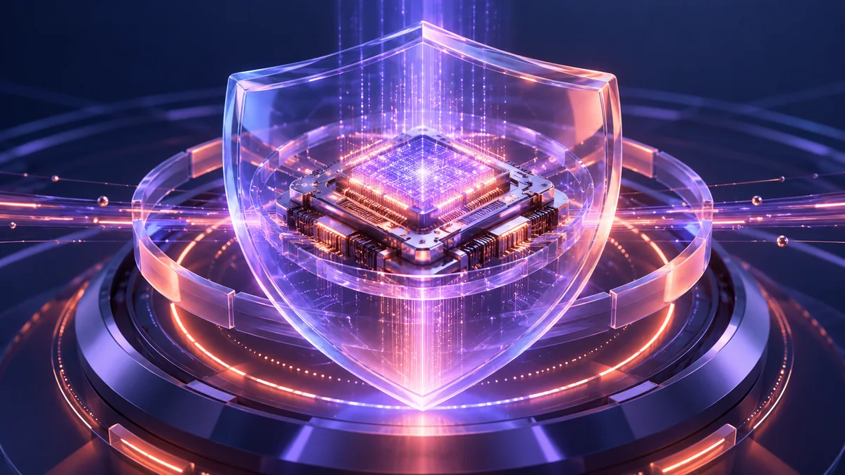 A translucent protective shield surrounding a sophisticated neural processor, with controlled light beams and layered security rings.