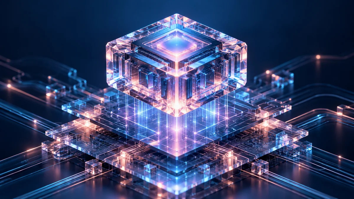 A meticulously detailed crystalline AI processor suspended above layered glass circuit boards, with luminous connections and subtle depth.