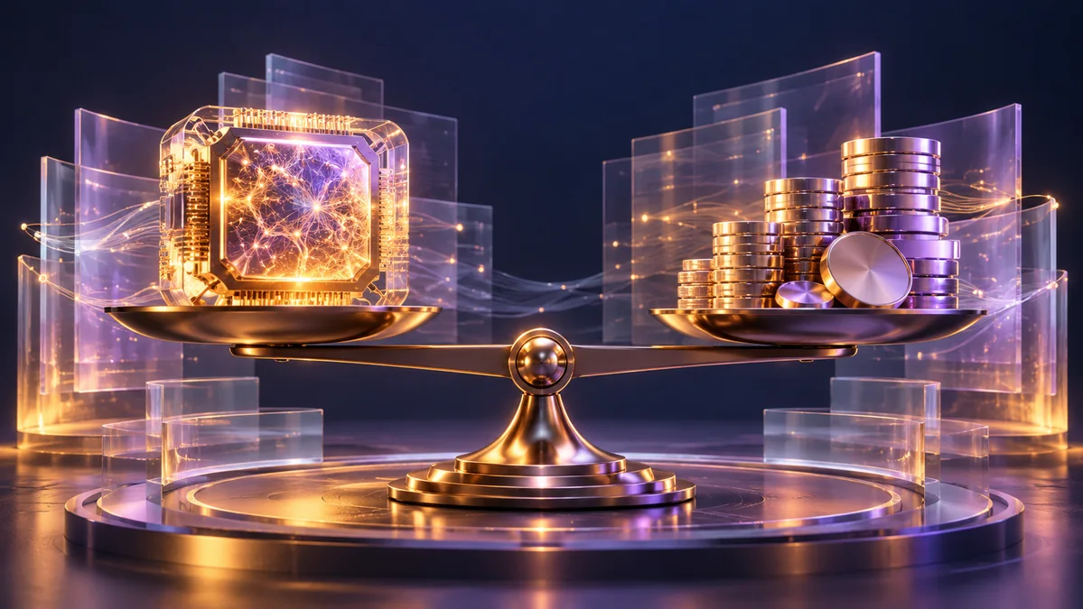 A refined balance beam weighing a luminous neural processor against stacks of polished metallic tokens, surrounded by restrained glass data layers.