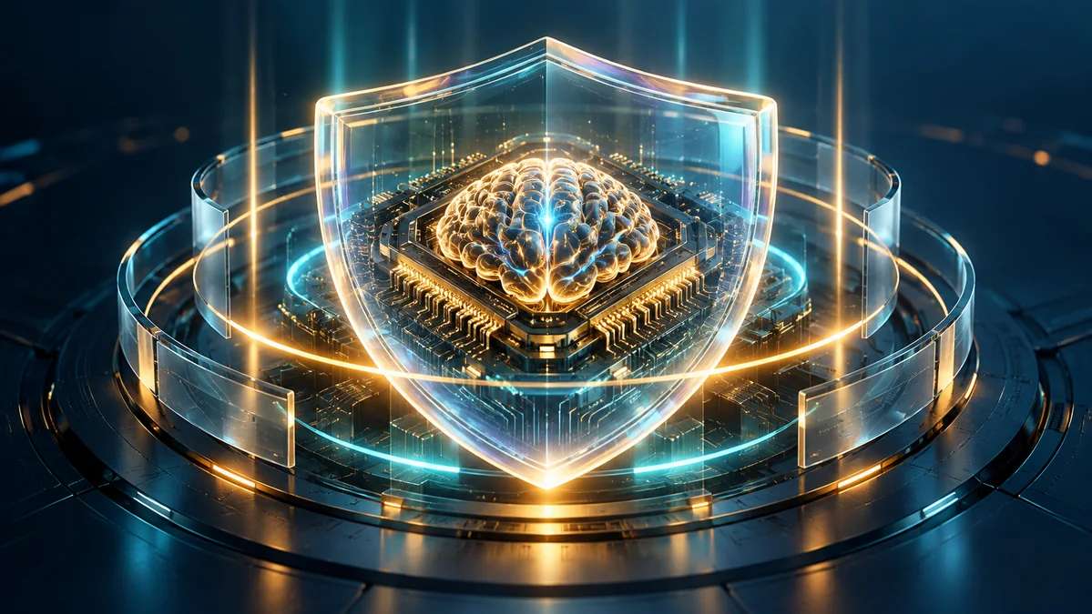 A translucent protective shield surrounding a sophisticated neural processor, with controlled light beams and layered security rings.