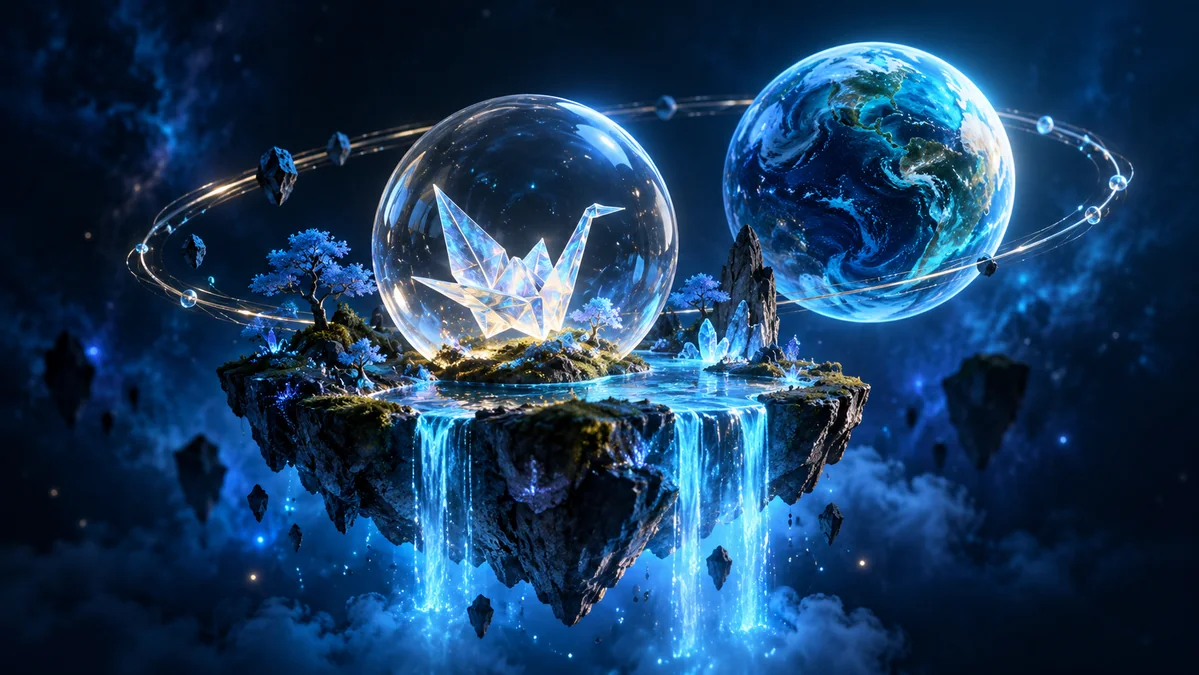 An imaginative miniature floating island containing a small origami crane inside a glass sphere, with an elegant procedural globe orbiting nearby.