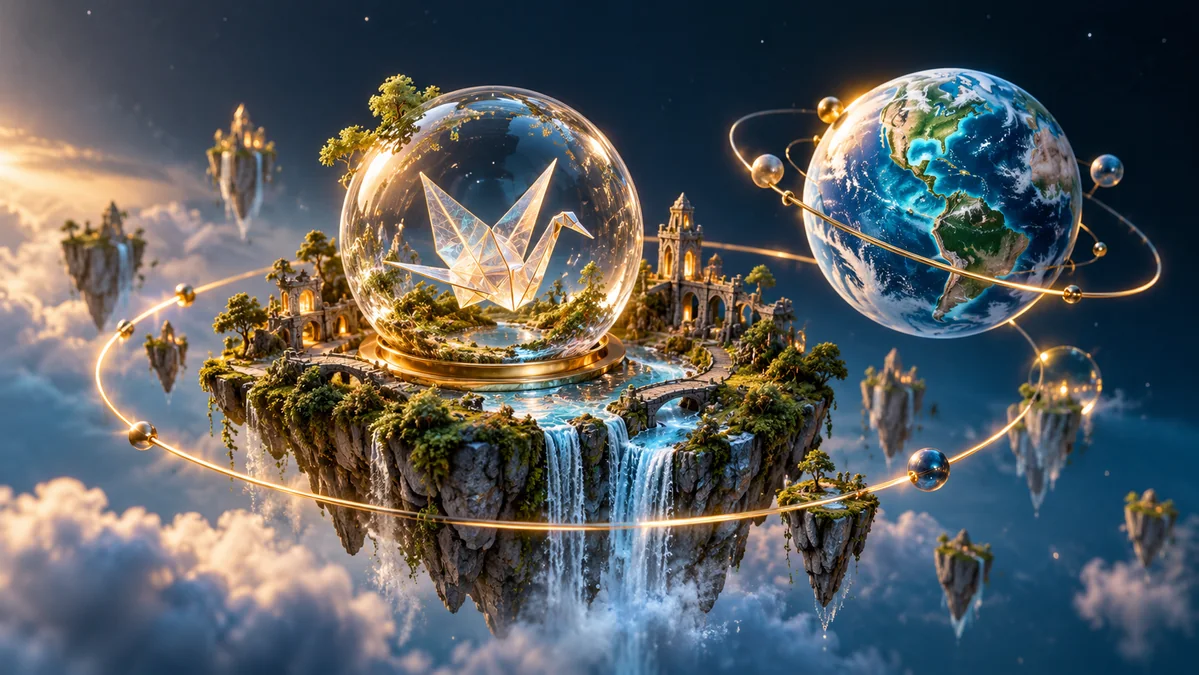 An imaginative miniature floating island containing a small origami crane inside a glass sphere, with an elegant procedural globe orbiting nearby.