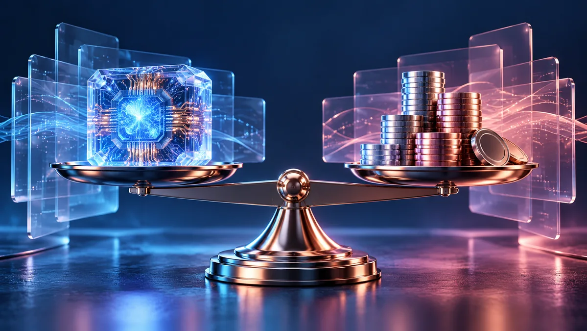 A refined balance beam weighing a luminous neural processor against stacks of polished metallic tokens, surrounded by restrained glass data layers.