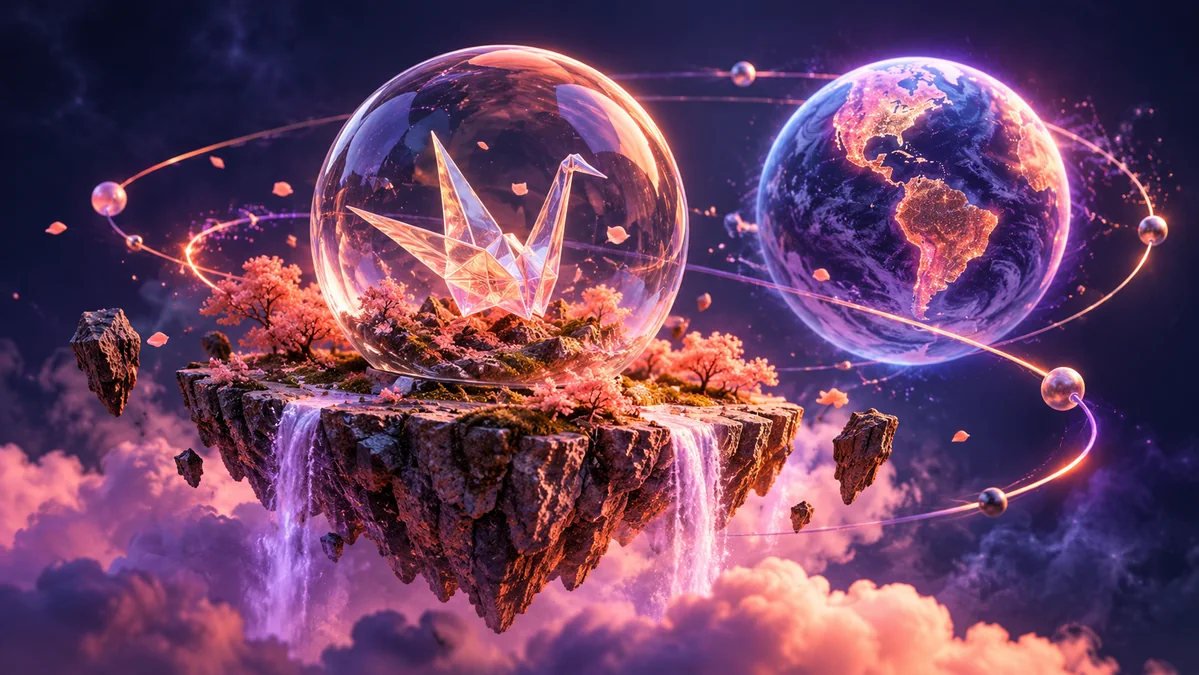 An imaginative miniature floating island containing a small origami crane inside a glass sphere, with an elegant procedural globe orbiting nearby.