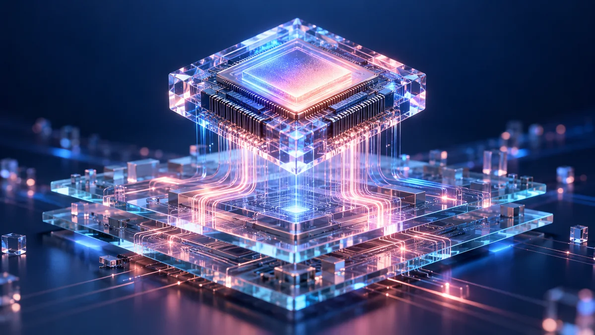 A meticulously detailed crystalline AI processor suspended above layered glass circuit boards, with luminous connections and subtle depth.
