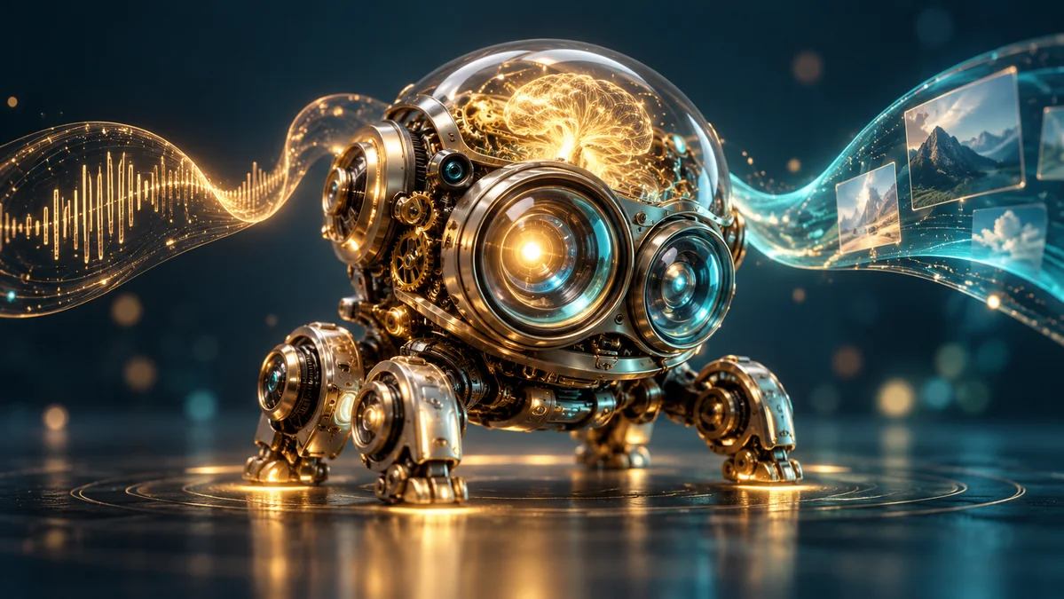 A small luminous kinetic thinking machine, delicate precision gears and glass lenses giving a compact intelligence metaphor.