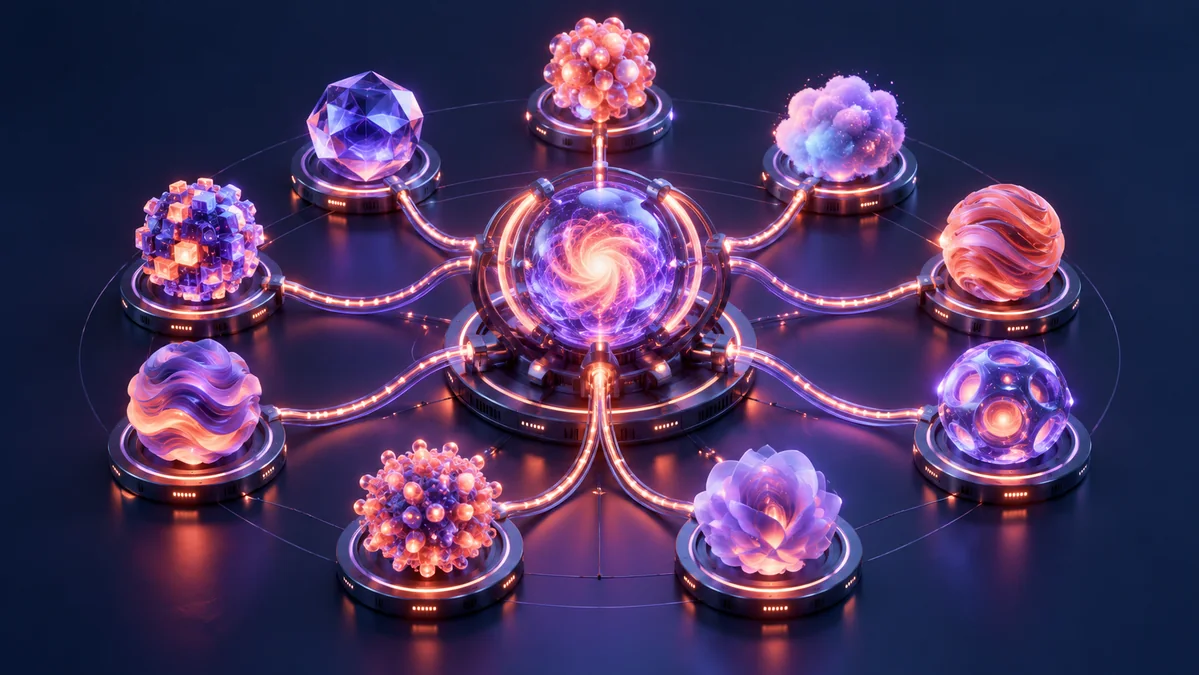 A precisely organized constellation of different luminous AI cores connected through a central hub, an elegant catalog and routing metaphor.