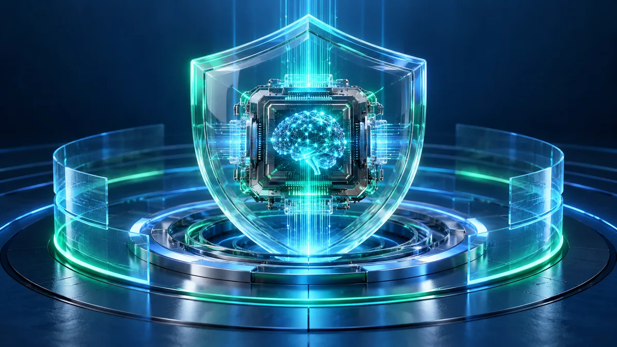 A translucent protective shield surrounding a sophisticated neural processor, with controlled light beams and layered security rings.