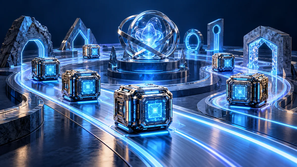 Several distinctive neural processors arranged on a precise testing track with sculptural checkpoints, an original evaluation-laboratory metaphor without charts or rankings.