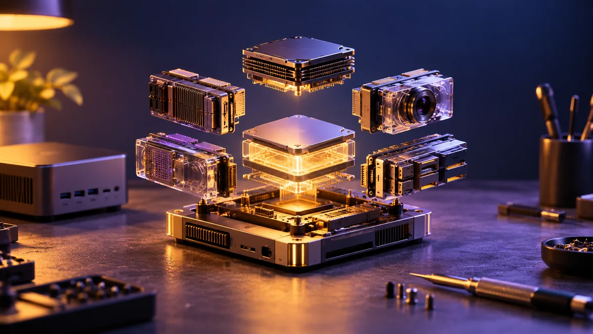 An open modular AI processor with clearly separated accessible components, on a tactile workbench with a small local computer silhouette.