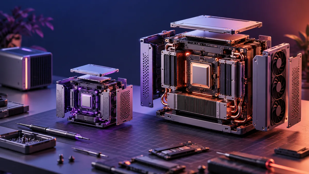 An open modular AI processor with clearly separated accessible components, on a tactile workbench with a small local computer silhouette.