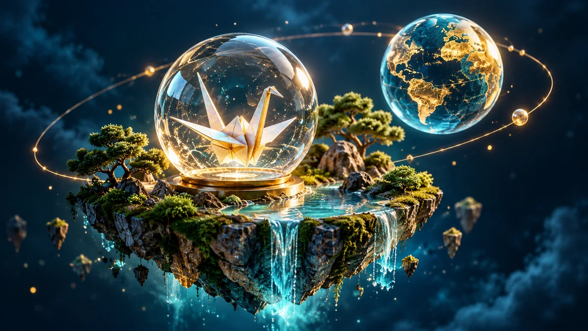 An imaginative miniature floating island containing a small origami crane inside a glass sphere, with an elegant procedural globe orbiting nearby.