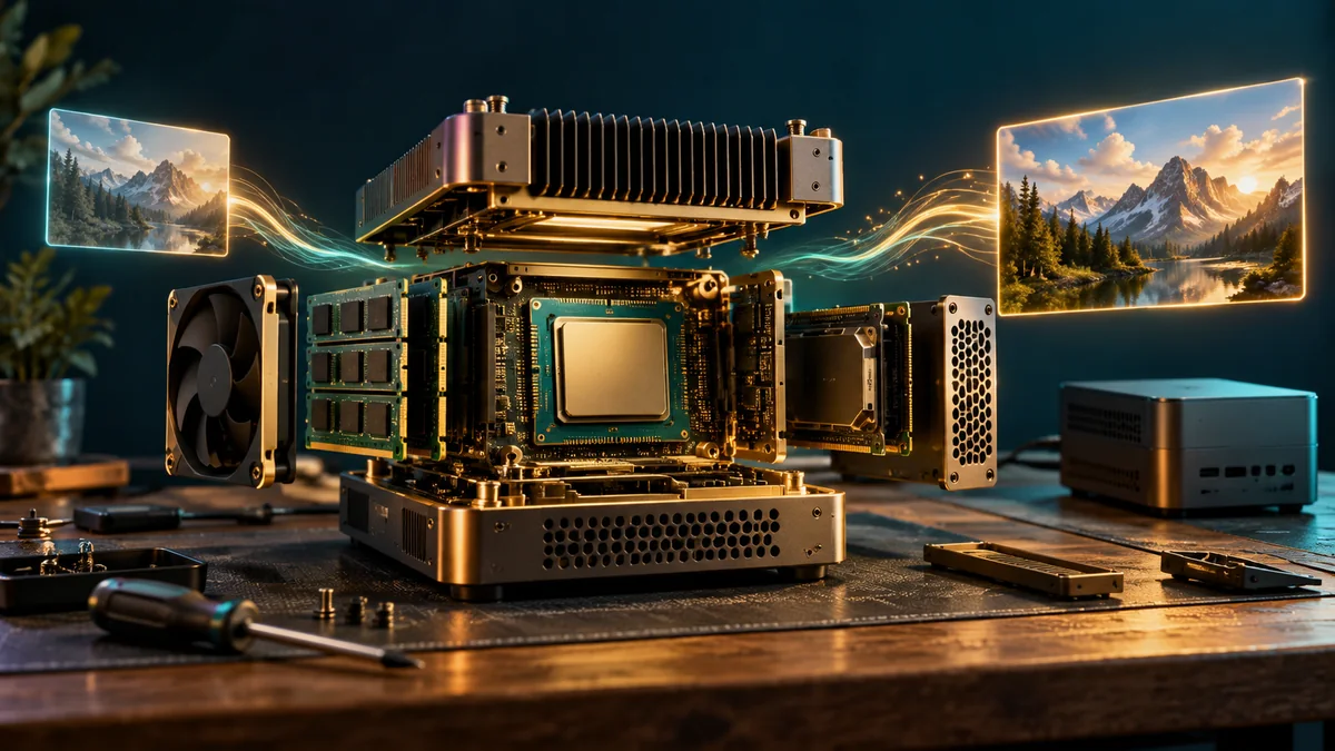 An open modular AI processor with clearly separated accessible components, on a tactile workbench with a small local computer silhouette.