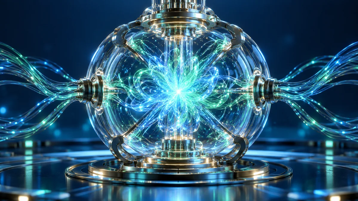 An iridescent luminous spark inside an intricate transparent neural chamber, delicate flowing filaments and polished metal accents.