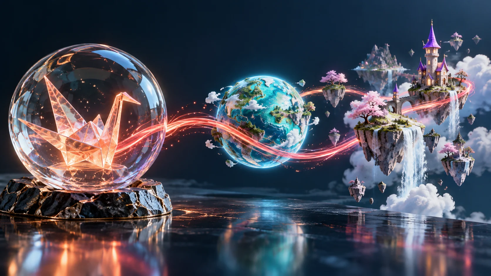 AI-generated editorial illustration of a glass origami crane, luminous globe and floating wizard islands connected by a coral ribbon of light.