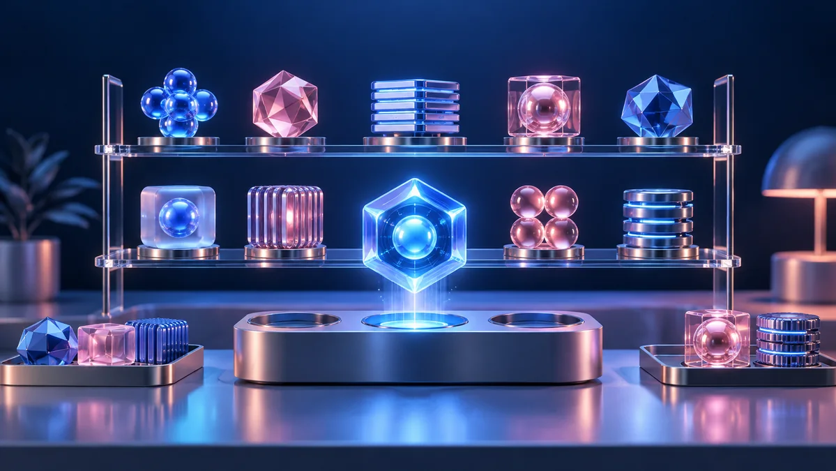 An orderly sculptural workbench of distinctive modular AI cores arranged on transparent shelves, a clean browser-workspace metaphor.