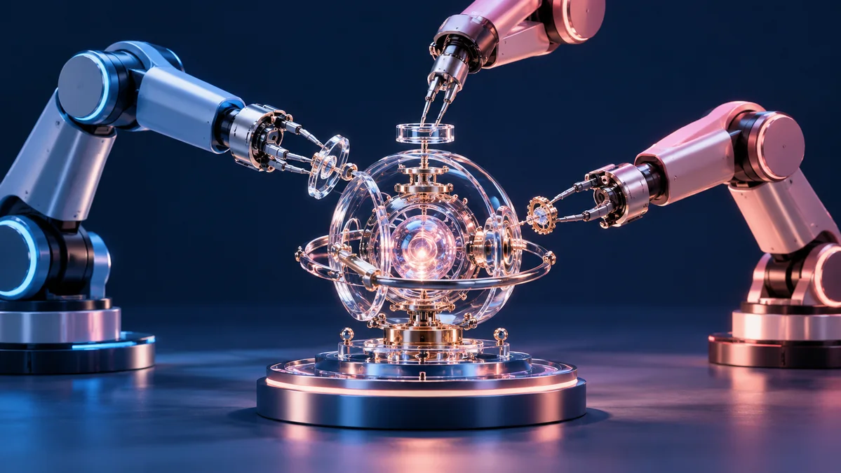 Three distinct robotic instruments collaboratively assembling one intricate glass mechanism, balanced coordinated composition.