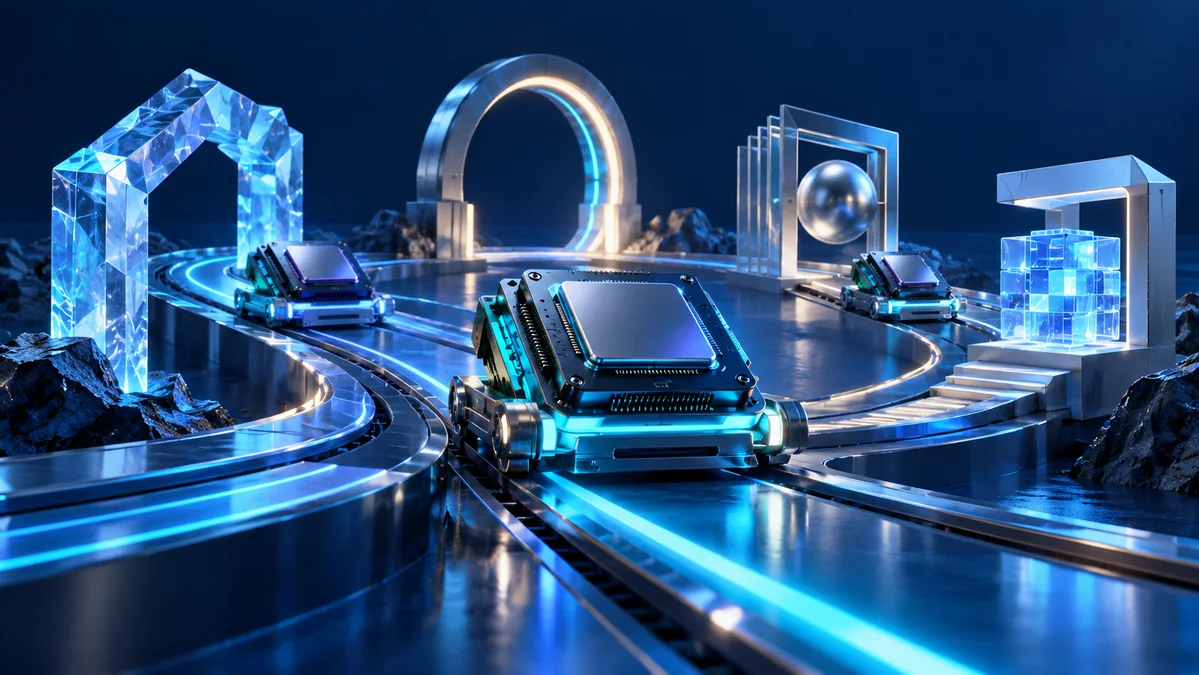 Several distinctive neural processors arranged on a precise testing track with sculptural checkpoints, an original evaluation-laboratory metaphor without charts or rankings.