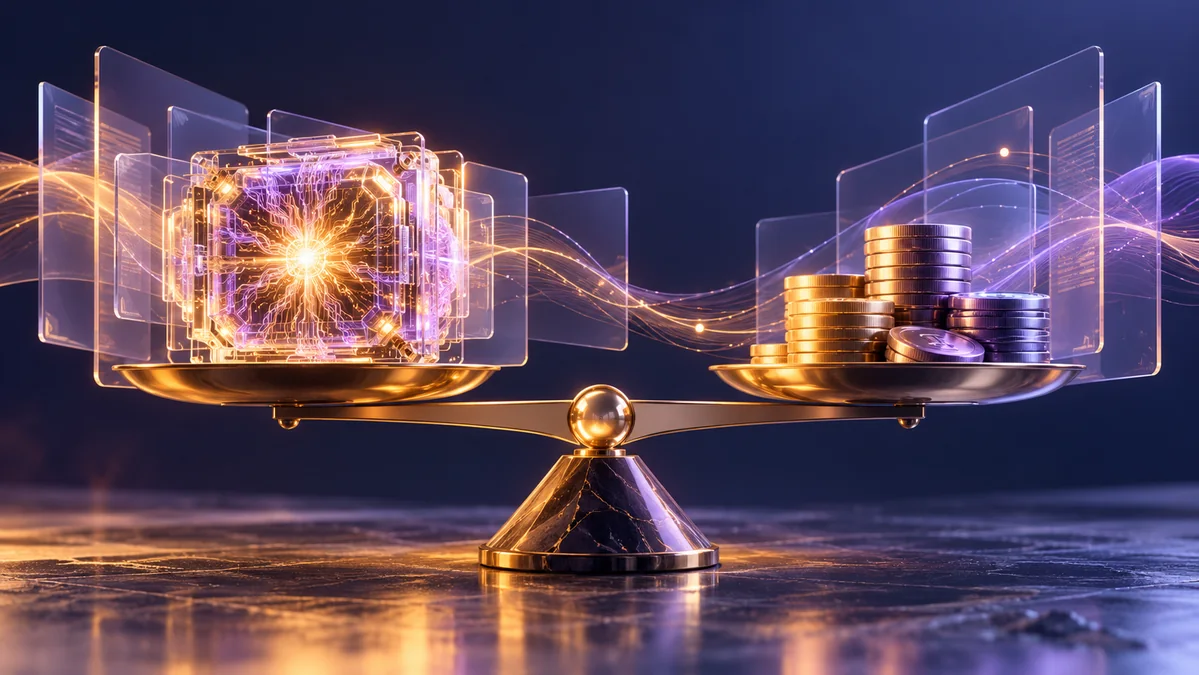 A refined balance beam weighing a luminous neural processor against stacks of polished metallic tokens, surrounded by restrained glass data layers.