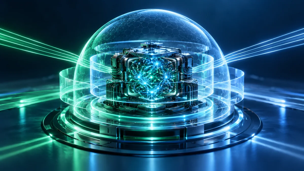 A translucent protective shield surrounding a sophisticated neural processor, with controlled light beams and layered security rings.