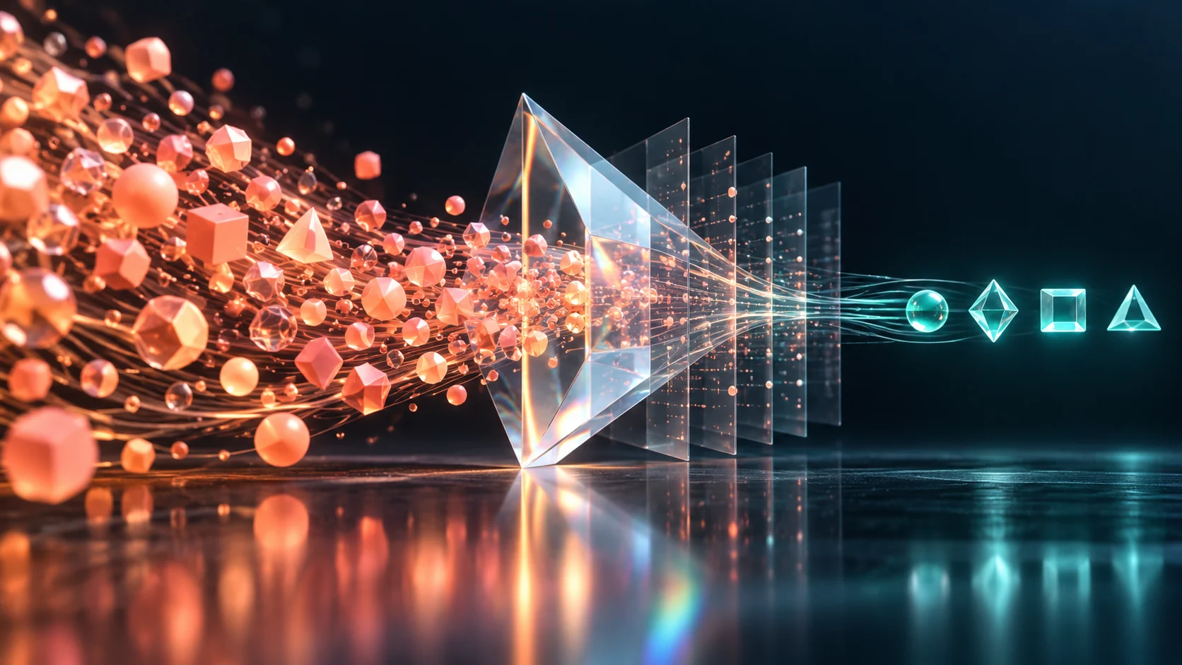 AI-generated editorial illustration of coral tokens passing through a glass prism into a compact stream of teal symbols.