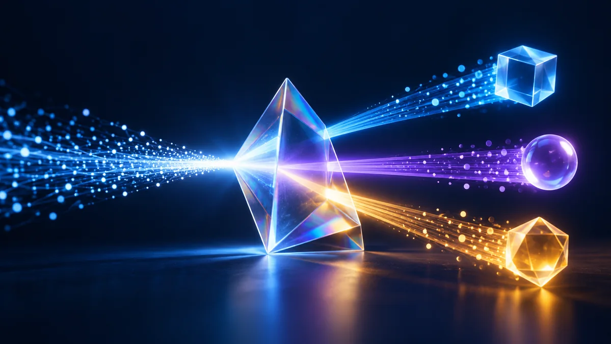 A glass prism splitting an incoming light beam into three distinct geometric paths, with bright probability-like particles.