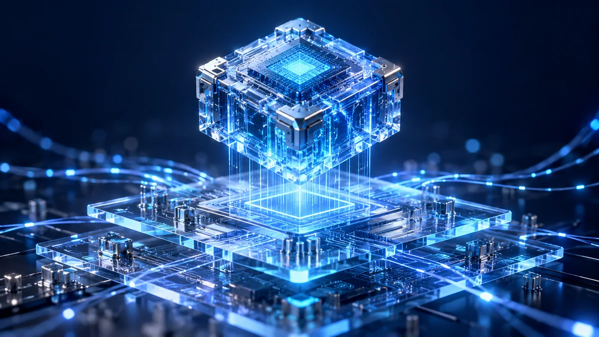 A meticulously detailed crystalline AI processor suspended above layered glass circuit boards, with luminous connections and subtle depth.