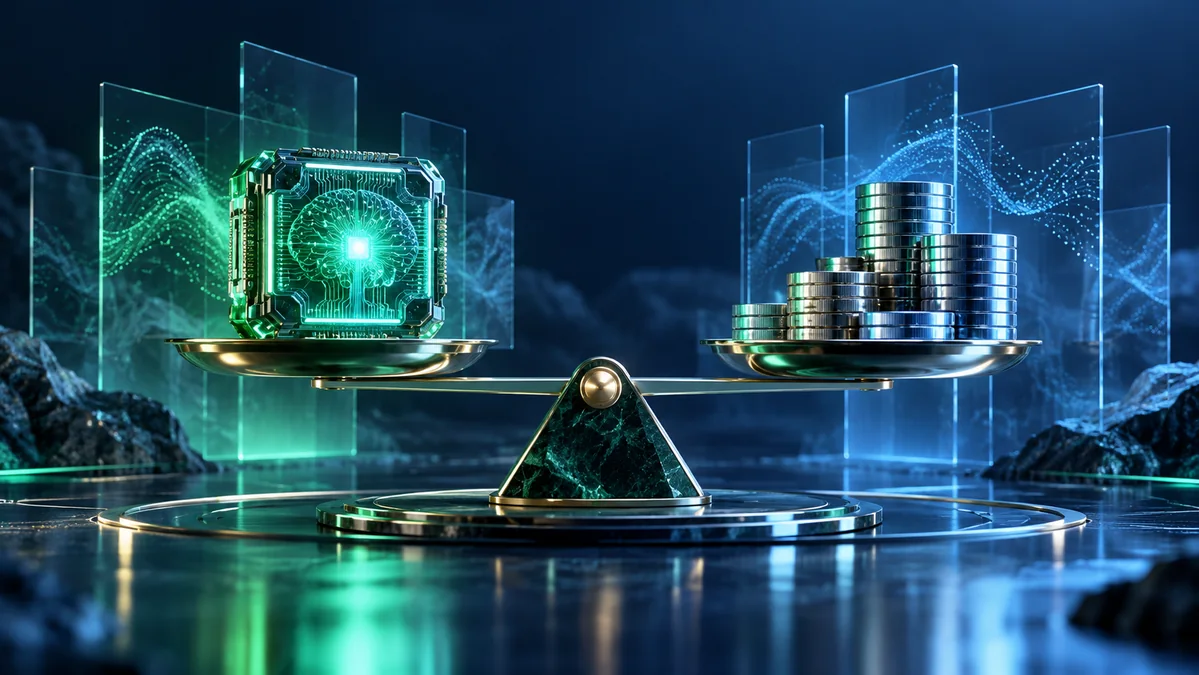 A refined balance beam weighing a luminous neural processor against stacks of polished metallic tokens, surrounded by restrained glass data layers.